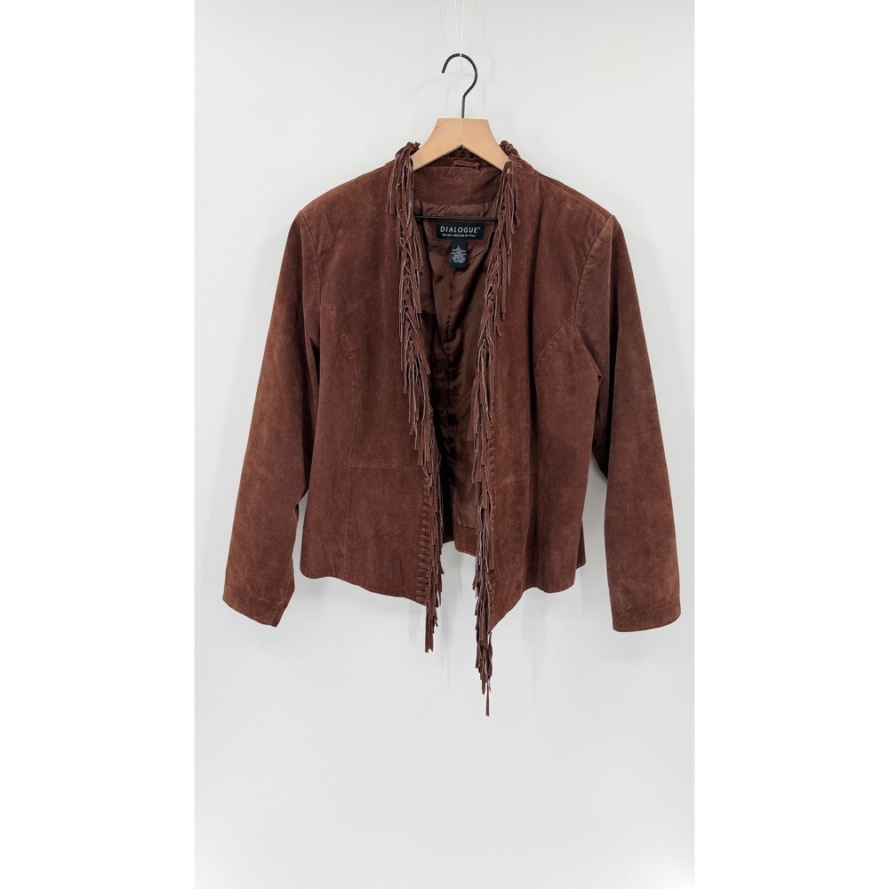 Vtg Style Brown Western Leather Suede Fringe Jacket L Boho Cowgirl Rustic Indie